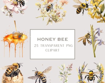 Watercolor Honey Bee Clipart: Spring Garden Flowers (PNG Digital Download)
