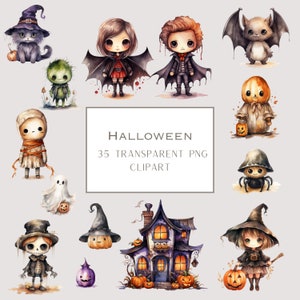 Watercolor Halloween Clipart, Cute Bat Ghost Vampire, Whimsical Halloween Characters PNG, Pumpkin Witch Skeleton Black Cat Illustrations