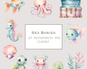 Cute Sea Animals Clipart, Watercolor PNG Illustrations (Digital Download)