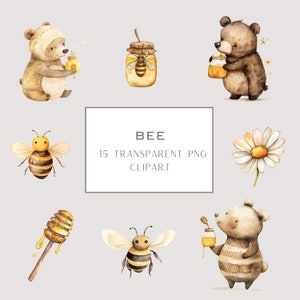 Paquete de imágenes prediseñadas de abejas de acuarela, imágenes prediseñadas de acuarela de osos y abejas, oso, abejas, miel, ilustraciones lindas de abejas, goteos de miel, arte de colmena