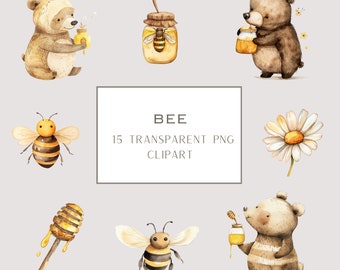 Watercolor Bee Clipart Bundle: Bear, Honey, Beehive (Digital Download)
