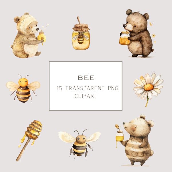 Watercolor Bee Clipart Bundle, Bear and Bees Watercolor Clipart, Bear, bees, honey, Cute Bee Illustrations, Honey Drips, Beehive Art