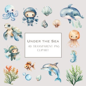 Watercolor Ocean Animals Clipart | Cute Undersea Nursery Decor | Dolphin, Octopus, Jellyfish, Seahorse PNG | Baby Shower Art
