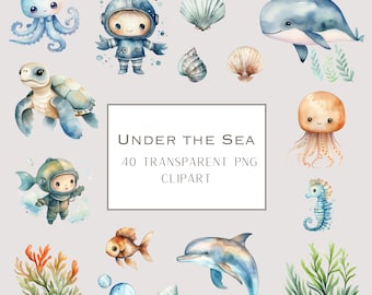 Op de afbeelding: Een set van 40 aquarel illustraties met onderwaterwezens, waaronder een blauwe octopus, een zeeschildpad, een blauwe walvis, een zeepaardje, een kwal en een dolfijn. De illustraties zijn perfect voor het maken van uitnodigingen, kaarten en andere knutselwerkjes.