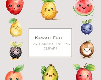 Watercolor Kawaii Fruit Clipart: 25 PNG Bundle (Commercial Use)