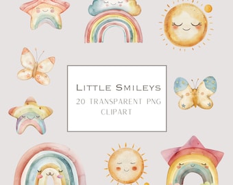 Watercolor Rainbow Clipart, Sun, Stars, Baby Shower (PNG Files)