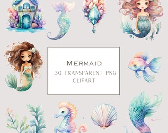 Paquete de imágenes prediseñadas de sirena en acuarela: PNG bajo el mar (descarga digital)