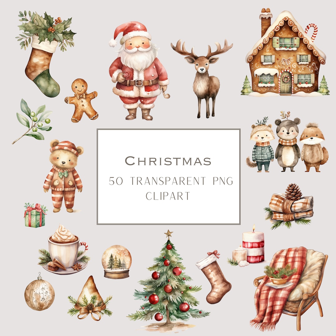 Watercolor Christmas Clipart Bundle: Woodland Santa, Cozy PNG (digital ...