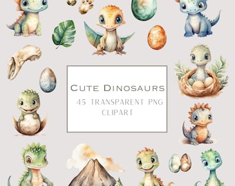May include: A set of 45 watercolor illustrations of cute dinosaurs in various poses. The illustrations include a variety of dinosaurs, including a green dinosaur with spikes, a blue dinosaur with wings, and a brown dinosaur with a long neck. The illustrations are perfect for use in scrapbooking, card making, and other craft projects.