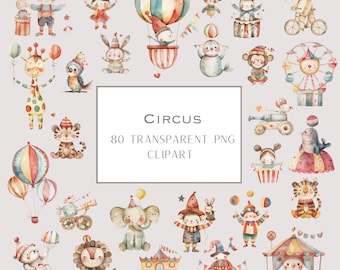 Watercolor Circus Clipart: Carnival Animals, Tent, Carousel (PNG)