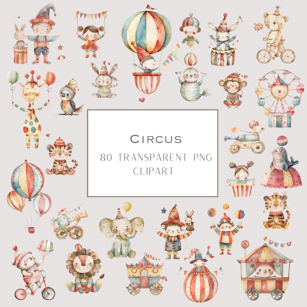 Circus Watercolor Clipart, Circus Party Tent, Cute Animals Candy Color, Colorfull Nursery Decor, Carousel, Clown, Giraffe, Carnival,