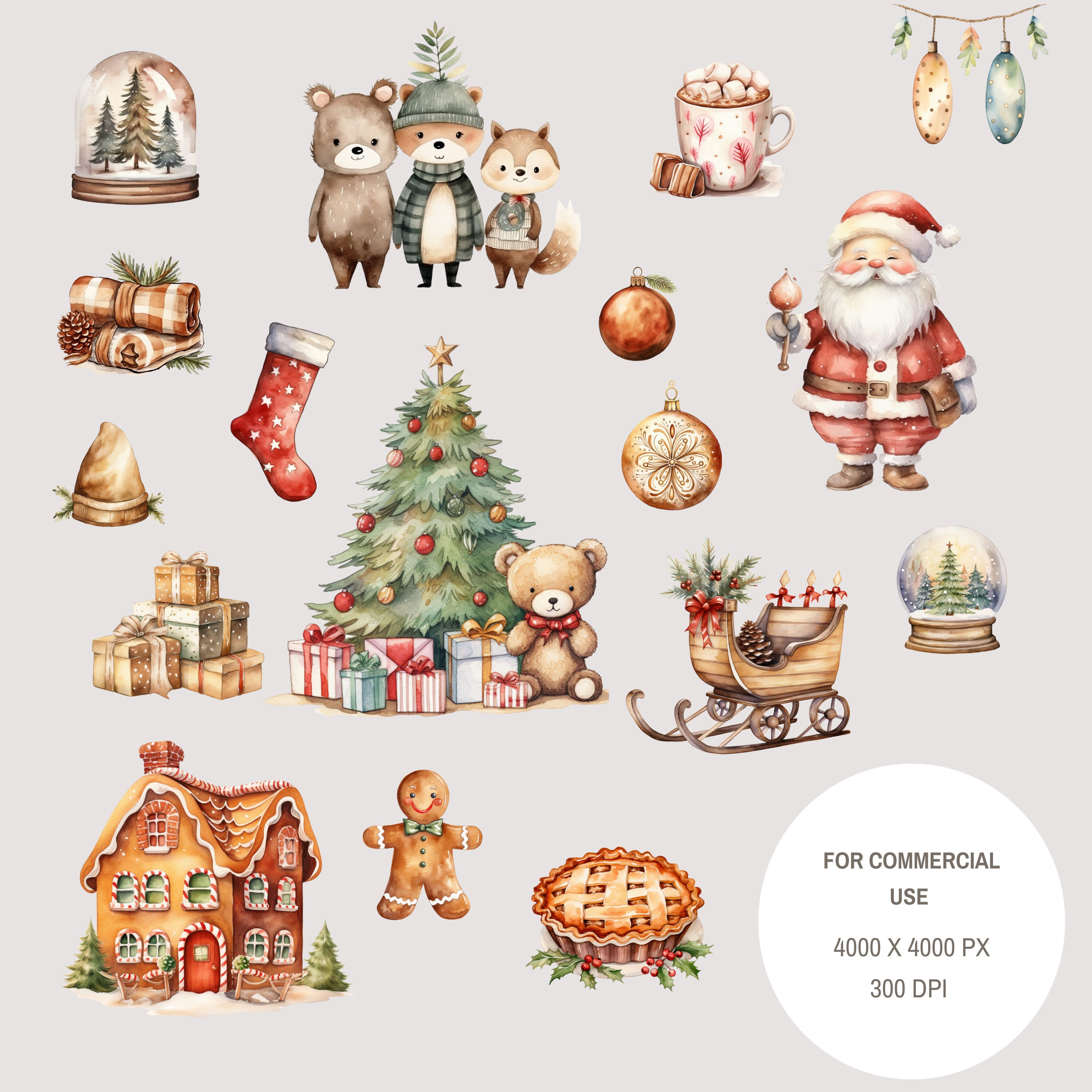 Watercolor Christmas Clipart Bundle: Woodland Santa, Cozy PNG (digital ...