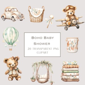 Boho Baby Shower Clipart, Watercolor Baby Shower Clipart, Boho Nursery decor PNG Clipart, Cute Nursery Graphics Printables, Instant Download