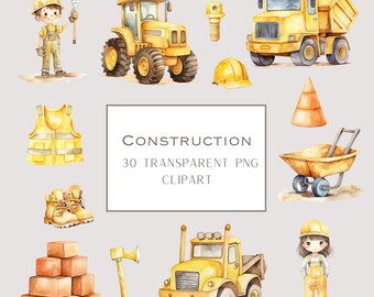 Watercolor Construction Clipart: Site Vehicles, Birthday Decor (PNG Digital Download)
