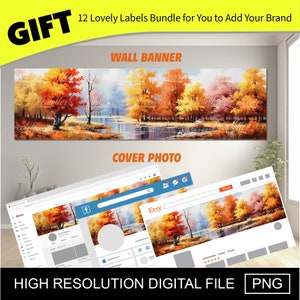 Pared de decoración de otoño, Banner de otoño de alta resolución, Archivo digital, Estilo acuarela, Foto de portada, decoración colgante de pared, Descarga instantánea