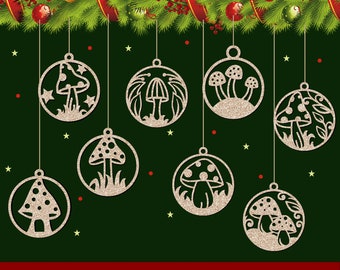 Ornements de champignons, champignons svg, SVG d'ornement d'arbre de Noël, lot de décorations de Noël, Noël SVG, fichier Cricut, fichier Silhouette