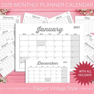 Calendario 2025, planificador mensual 2025, diseño horizontal, elegante calendario mensual vintage, inicio lunes, calendario de pared tamaño carta A4, PDF imprimible.
