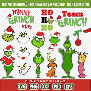 Lot Grinch SVG + lot BONUS gratuit, Grinch visage Svg, main Grinch, sourire Grinch, ornement Grinch, lot de svg de Noël, Cricut de Noël