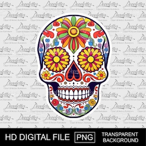 Colorful sugar skull design, Sugar skull png, Floral sugar skull, sublimation or printing and cutting, day of the dead, dia de los muertos