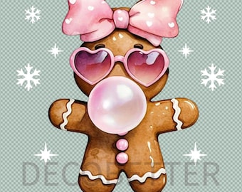 Fille en pain d'épice rétro, PNG de Noël tendance, Nœud papillon en pain d'épice (PNG), Motif pour t-shirt de Noël, Noël mignon, Pain d'épice, Bulle de savon