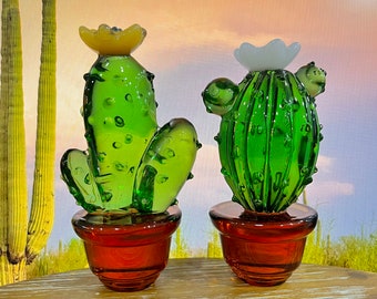 Glass Cactus Pot Set, Fused Glass Succulents, Stained Glass, Cactus Lovers, Gifts, Artificial Indoor Plants, Car Decor Set, Home Decor