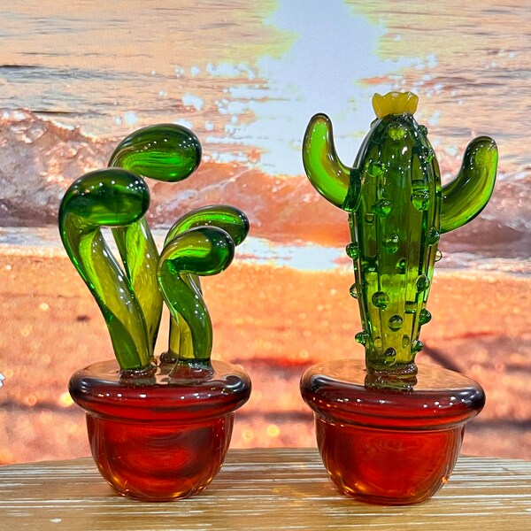 Mini Glass Cactus Pot Set, Fused Glass Succulents, Stained Glass, Cactus Lovers, Artificial Indoor Plants, Car Decor Set, Home Decor