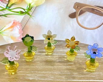 Conjunto de 5 flores en maceta de vidrio de colores, flores de pensamiento de vidrio, flores de vidrio soplado a mano, decoración del automóvil, regalo del día de la madre, regalo para las hermanas