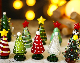 Sapins de Noël en verre, Figurines en vitrail fait main, Sapins de Noël miniatures en verre illuminé fait main, Sapins de Noël à collectionner