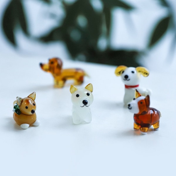 Kawaii Glas-Hundestatue, Glaswelpe, Mini-Hundeminiatur, Dackel/Corgis/Shiba Inu/Teddy-Hundestatue, niedliche Tischdekoration, Wohndekoration