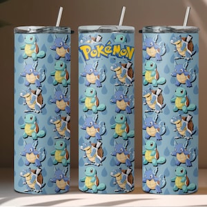 May include: Three stainless steel tumblers with a blue background and a repeating pattern of Squirtle Pokemon characters. The middle tumbler has the word "Pokemon" printed in white.