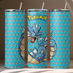 May include: Three stainless steel tumblers with a blue background and a repeating pattern of red fish. The center tumbler features a blue and yellow cartoon of a Pokemon character with the word "Pokemon" above it.