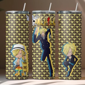 May include: A set of three stainless steel tumblers with straws, featuring a repeating pattern of yellow hearts on a brown background. Each tumbler displays a different image of a blonde anime character, with the text "ONE PIECE" on one.