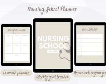 May include: Three black tablets displaying a nursing school planner. The center tablet shows "Nursing School Planner" with a stethoscope graphic. The left tablet displays a weekly homework layout, and the right tablet shows a class schedule. Text at the bottom reads "12 month planner", "Weekly goal tracker", and "Homework organizer".