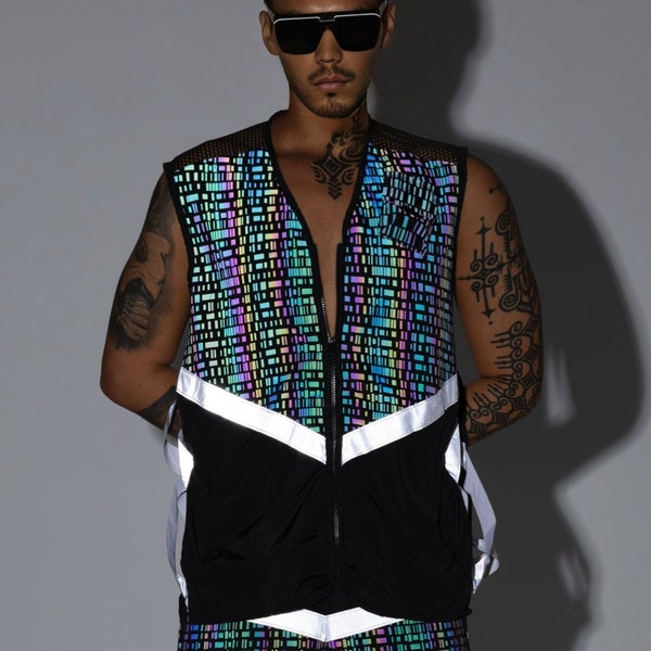 Reflective Fishnet Men Vest, Rave Wear, Rave Clothing, Rave Outfit, Festival Outfit, Festival Clothing Man, EDM Fashion, Fantasy Clothing