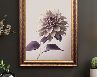 May include: A framed print of a single, pale purple dahlia flower with green leaves against a light pink background. The frame is a dark brown with gold accents.