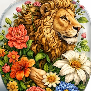 May include: A digital illustration of a lion's head and paw inside a glass jar, surrounded by colourful flowers and greenery. The lion has a golden mane and is looking to the right. The flowers include orange, white, blue, and pink blooms.