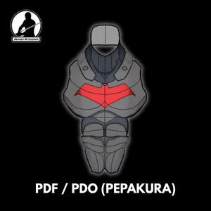 Puede incluir: Ilustración de una armadura de pecho gris y roja con un símbolo de murciélago rojo en el pecho. La imagen incluye el texto "PDF / PDO (PEPAKURA)" en la parte inferior y un logotipo en la esquina superior izquierda.