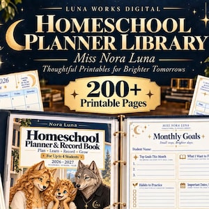 May include: A digital homeschool planner library featuring over 200 printable pages. The set includes a binder with a cover illustration of anthropomorphic wolves, monthly goal sheets, reading logs, weekly lesson plans, and a September 2026 calendar.