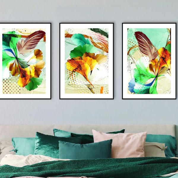 Set of 3 prints, Gingko Biloba, abstract wall art, green, gold and brown tones