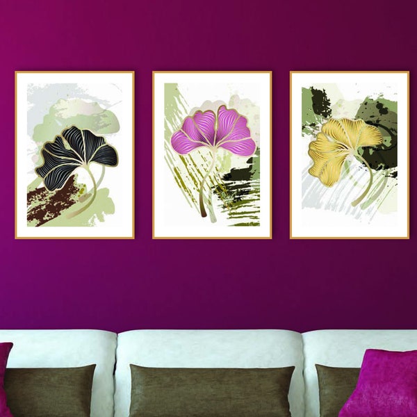 Set of 3 prints, Gingko Biloba, abstract wall art, black, pink, gold tones