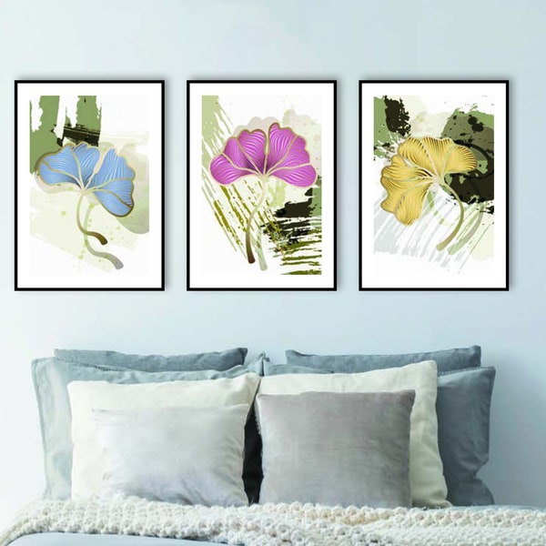 Set of 3 prints, Gingko Biloba, abstract wall art, blue, pink, gold tones
