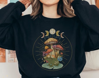 Frog Cottagecore Sweatshirt Mushroom Whimsy Moon Phases Gift Cottagecore Aesthetic Crewneck Sweatshirt Frog Lover Gift