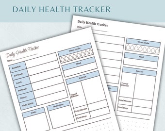 May include: Two white Daily Health Tracker sheets with blue detailing. The sheets include sections for tracking water intake, mood, exercise, and meals. The text "Daily Health Tracker" is at the top of the page.