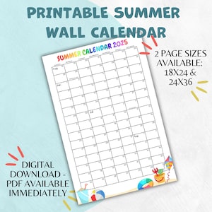 Printable Summer Wall Calendar | Planning Summer 2025 Calendar for Kids | Bucket List Summer Activities | Summer Planner Poster