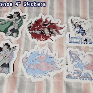 May include: A collection of six 4-inch stickers with fantasy-themed designs. The stickers feature illustrations of a knight, a wolf-like creature, and a character with long hair. Some stickers include the words "RESIST" and "I WILL SURVIVE".