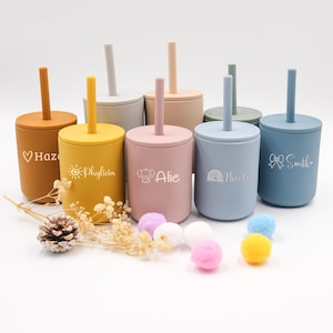 Custom Silicone Baby Cup with Name , Baby Shower Gift, Toddler Silicone Cup,1st Birthday Gifts,Custom Non-Spill Baby Training Cup with Straw