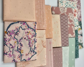 May include: A collection of 10 fabric squares with various patterns in shades of pink, peach, green, and white. The fabrics feature floral designs, geometric patterns, and a delicate dot pattern.