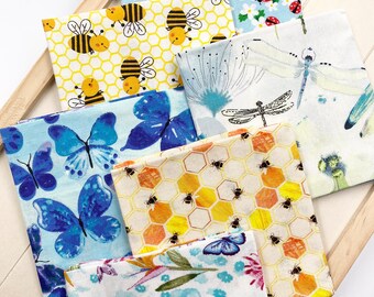 6 Fat Quarter Bundle Butterflies 100% Cotton Fabric Bundle Quilting Fat Quarters Honeybee Curated Fabric Ladybug Cotton Floral Bundle No. 14