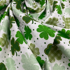 St. Patrick's Plaid Fabric Shamrocks on Green 100 percent Cotton Fabric Gingham Clover on White Fabric Cotton by Yard Green Lucky Pup Paw