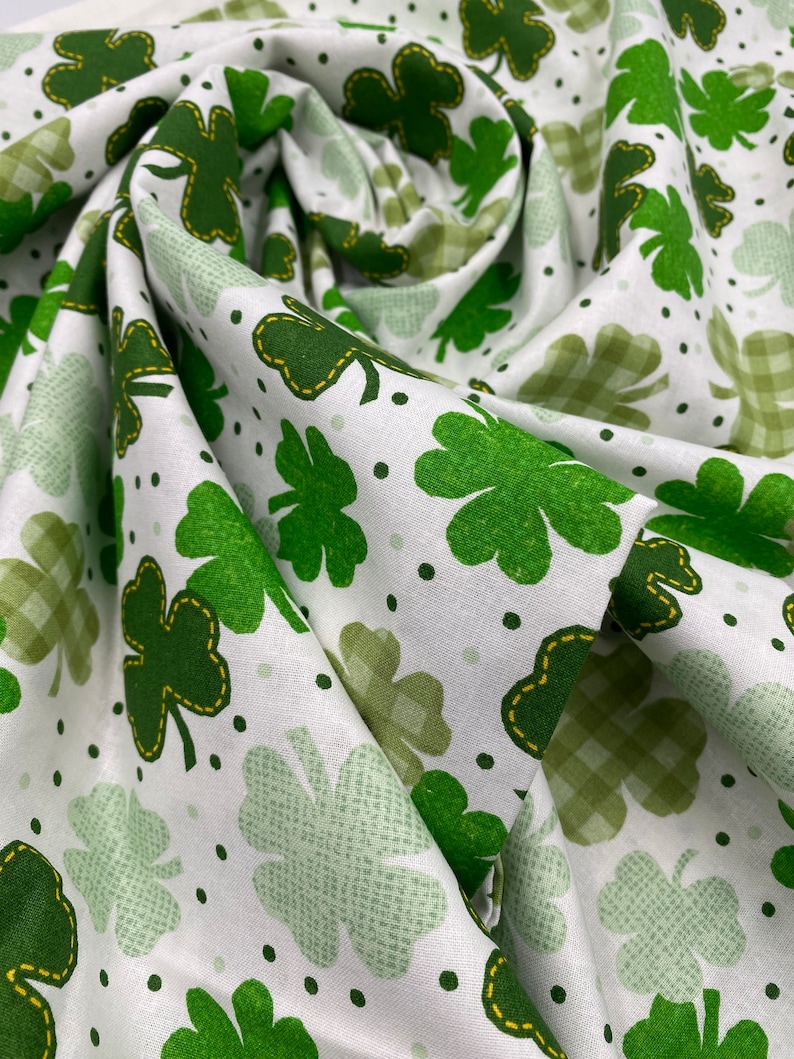 St. Patrick's Plaid Fabric Shamrocks on Green 100 percent Cotton Fabric Gingham Clover on White Fabric Cotton by Yard Green Lucky Pup Paw
